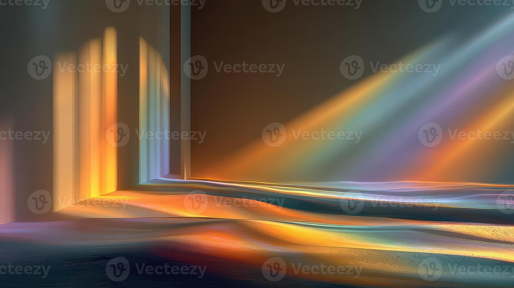 Light rays create colorful reflections on a softly lit surface in an indoor space during the late afternoon photo