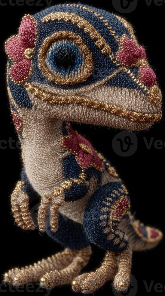 Colorful embroidered lizard figurine showcasing intricate patterns and details against a dark background photo