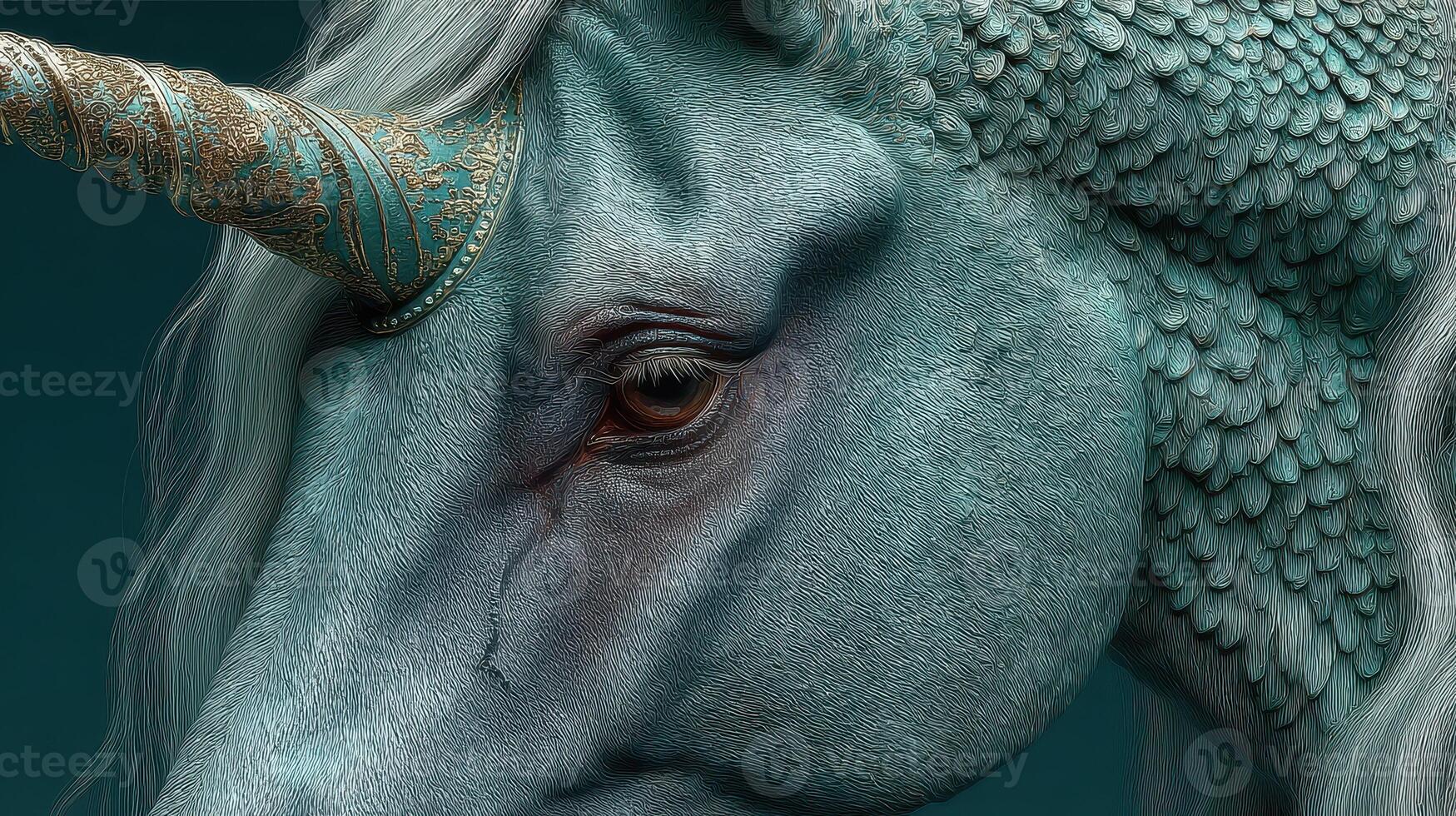 Fantasy unicorn with intricate details showcasing shimmering blue fur and ornate horn in a mystical, artistic atmosphere photo