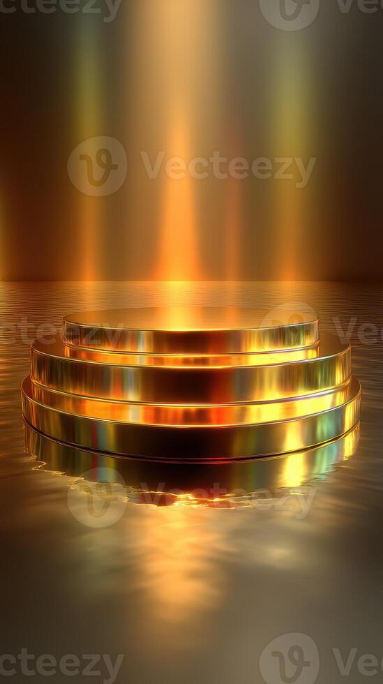 Golden platform surrounded by reflective water under a warm glow in a tranquil setting photo
