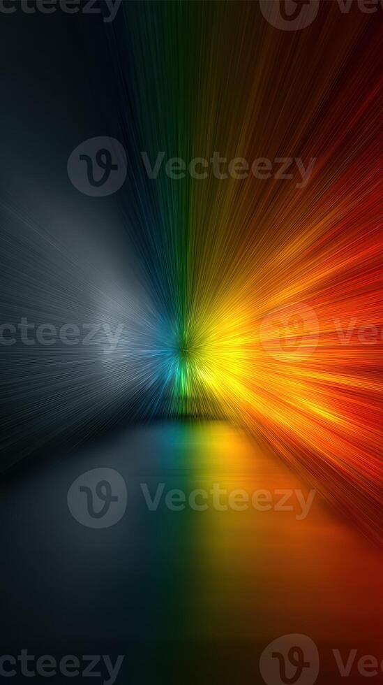 Vibrant light burst radiating from a central point creating colorful reflections in a dark space photo