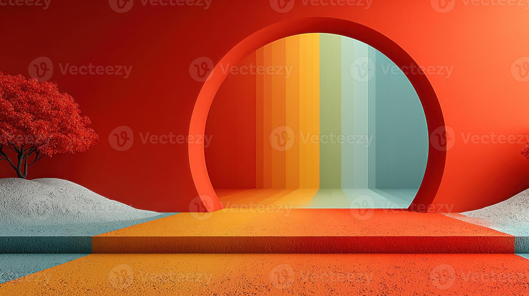 Vibrant circular doorway with colorful gradient and textured landscape inviting exploration photo
