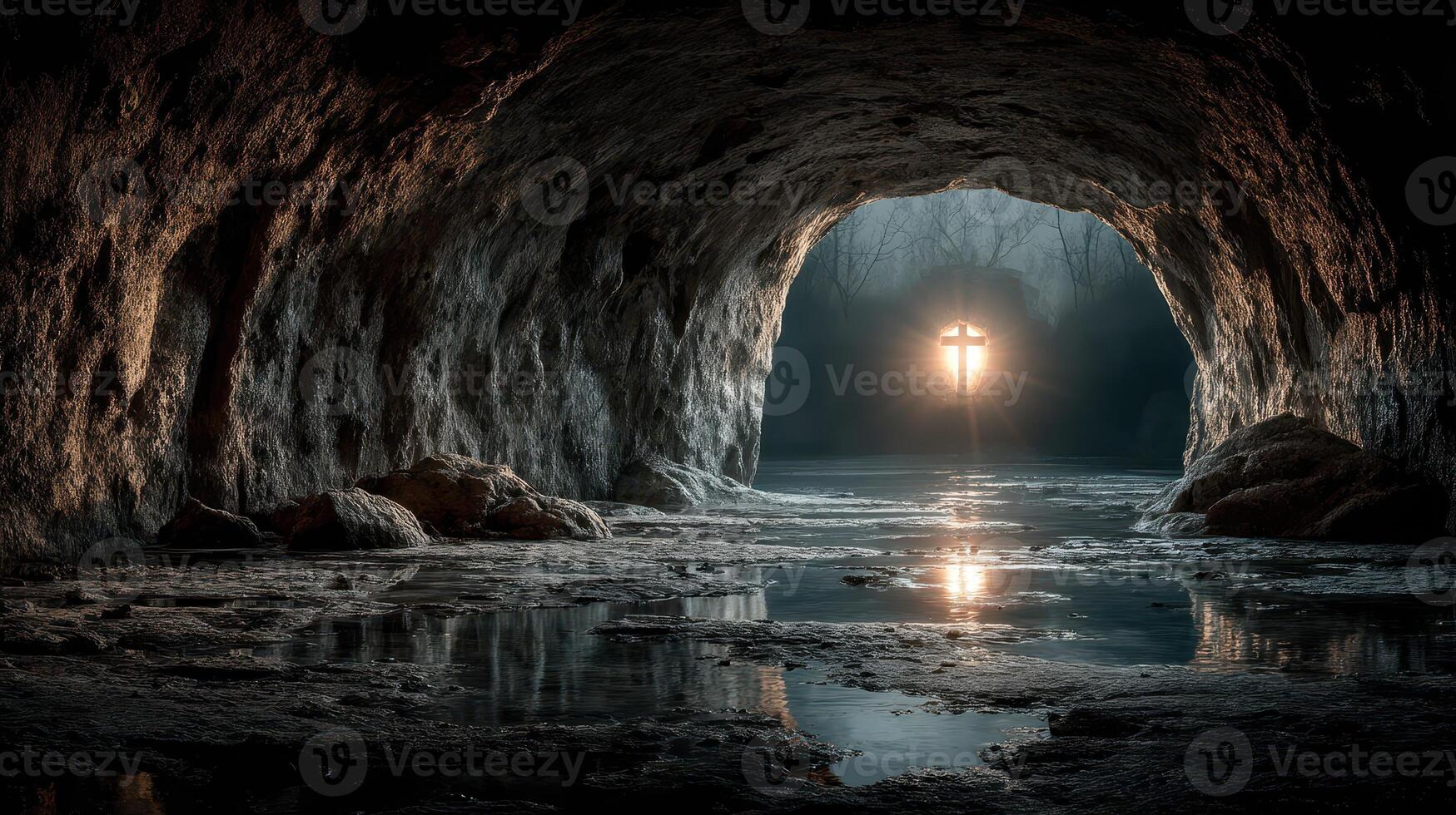 Mysterious cave illuminated by a glowing cross reflected in the still water at twilight photo