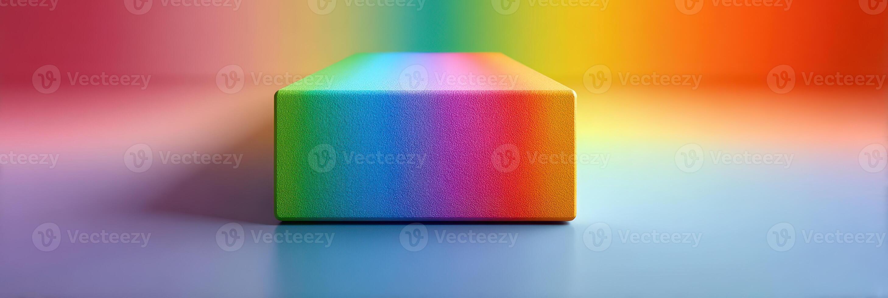 Vibrant rainbow gradient block on a smooth surface illuminated with colorful light at an artistic studio photo