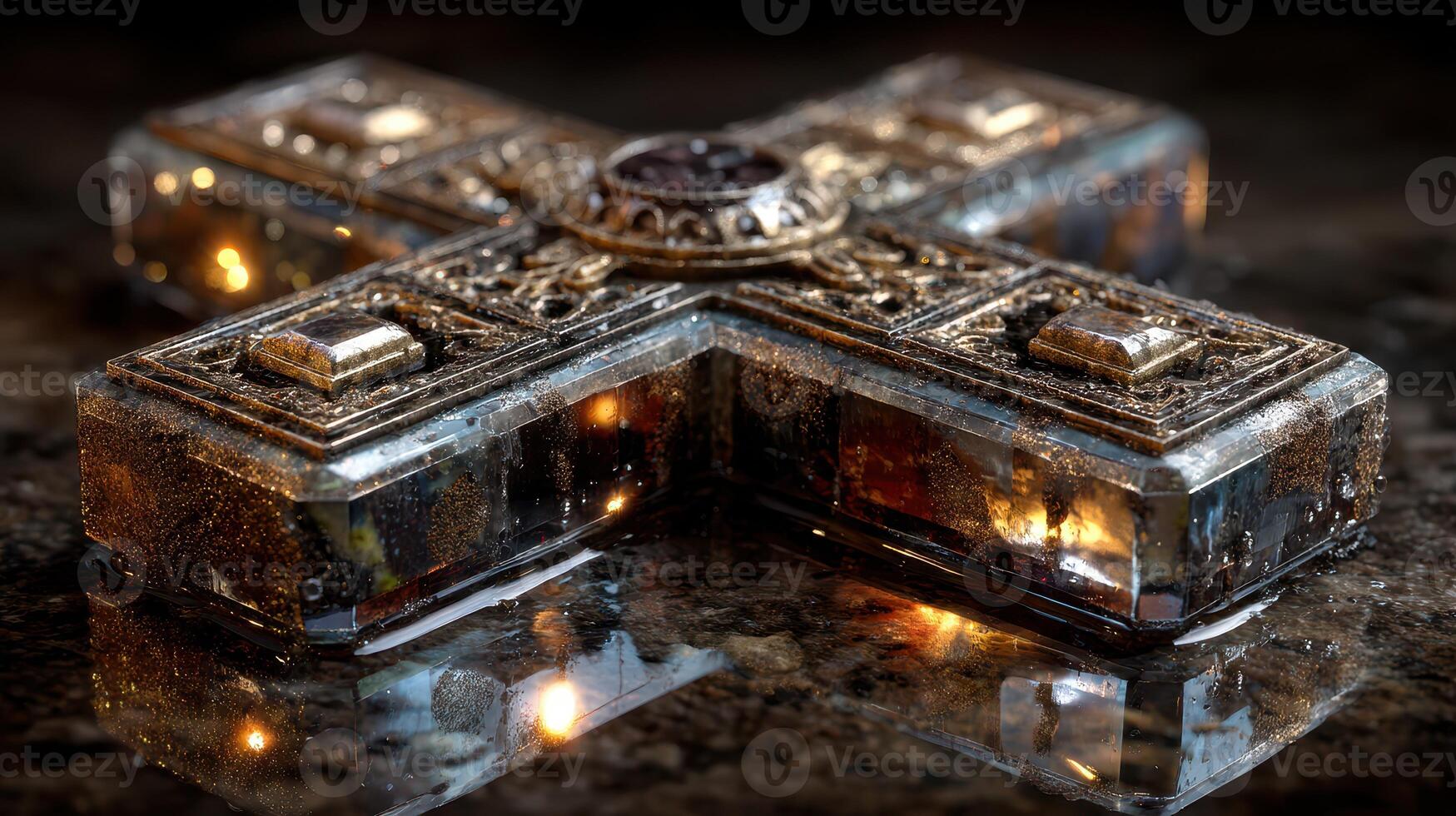 Decorative cross resting on a reflective surface with intricate details and atmospheric lighting photo