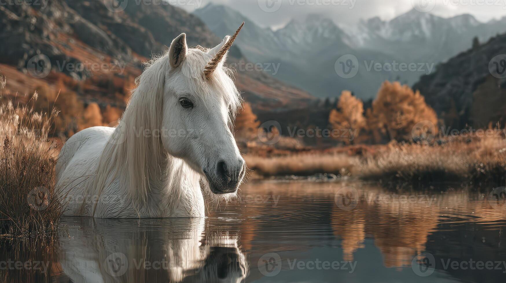 Magical unicorn standing in a serene mountain lake surrounded by autumn foliage and distant peaks photo