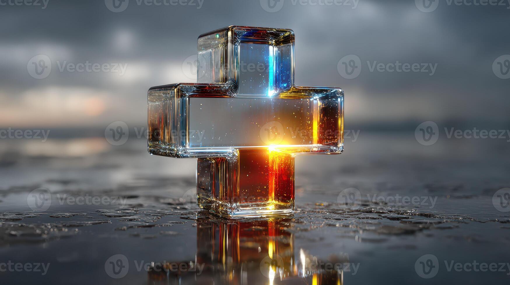 Glass cross sculpture reflecting light during sunset with dramatic clouds in the background photo