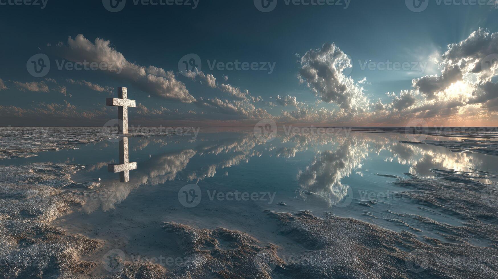 Salt flat landscape with a large cross reflecting in still water under dramatic sky at sunset photo