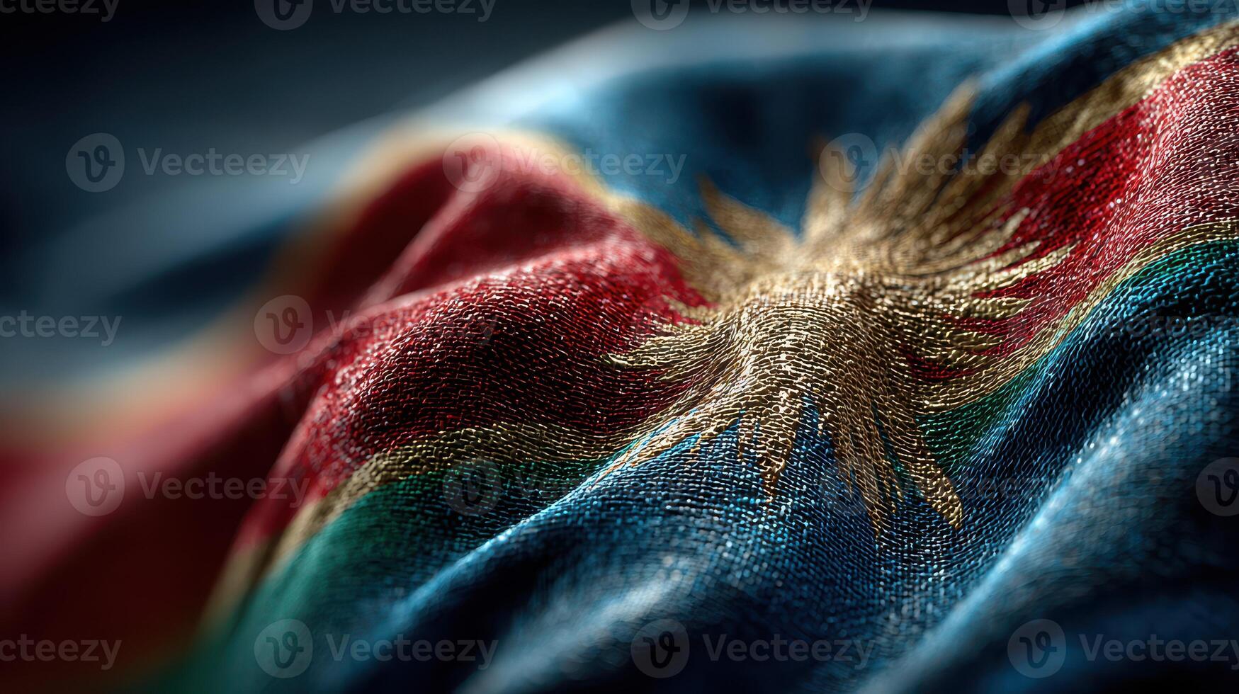 Details of a flag with vibrant colors and a golden emblem, symbolizing nationhood and identity in cultural display photo