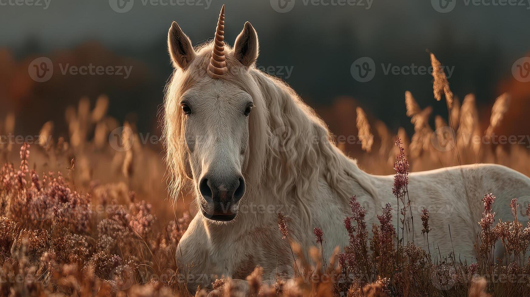 White unicorn rests in golden field surrounded by tall grasses at sunset with warm tones illuminating its features photo