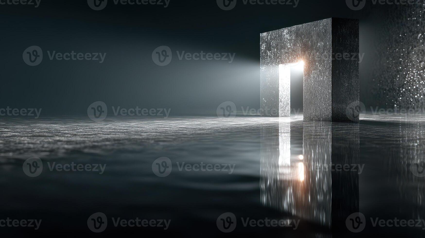 Mysterious metallic structure illuminated by soft light in a dark, reflective environment at night photo