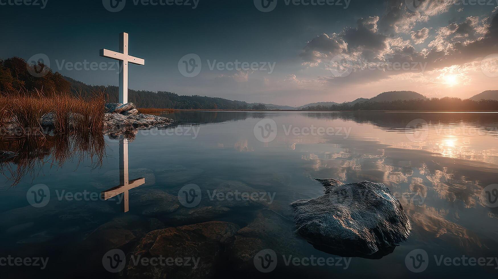 Reflection of a cross at sunrise by a serene lake surrounded by mountains photo