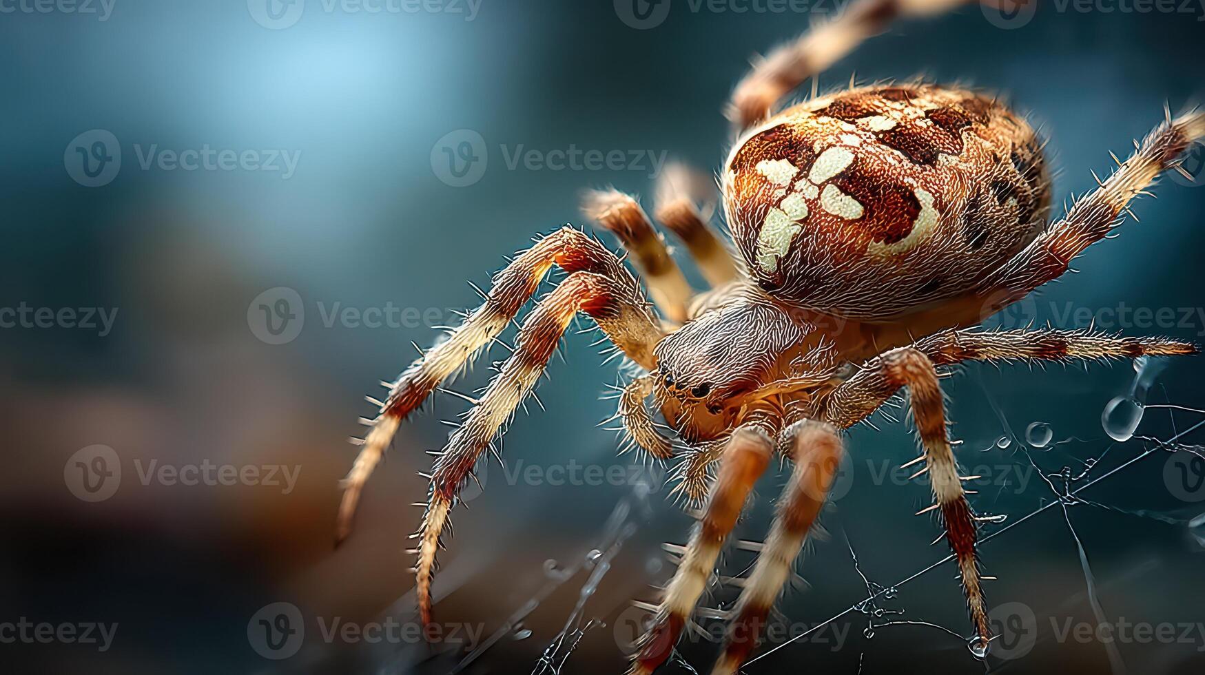 Close-up view of a spider weaving its intricate web in a tranquil forest setting during the early morning light photo
