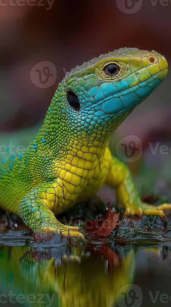 Brightly colored lizard resting on wet leaves near a pond in a lush environment during the daytime photo