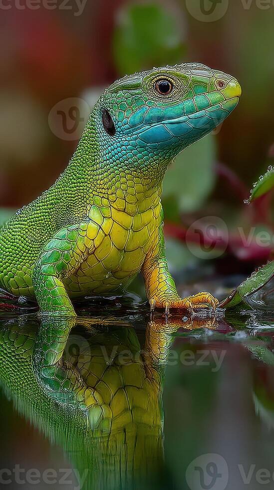 Lizard with vibrant green and blue colors perched by a reflective water surface in a lush environment photo