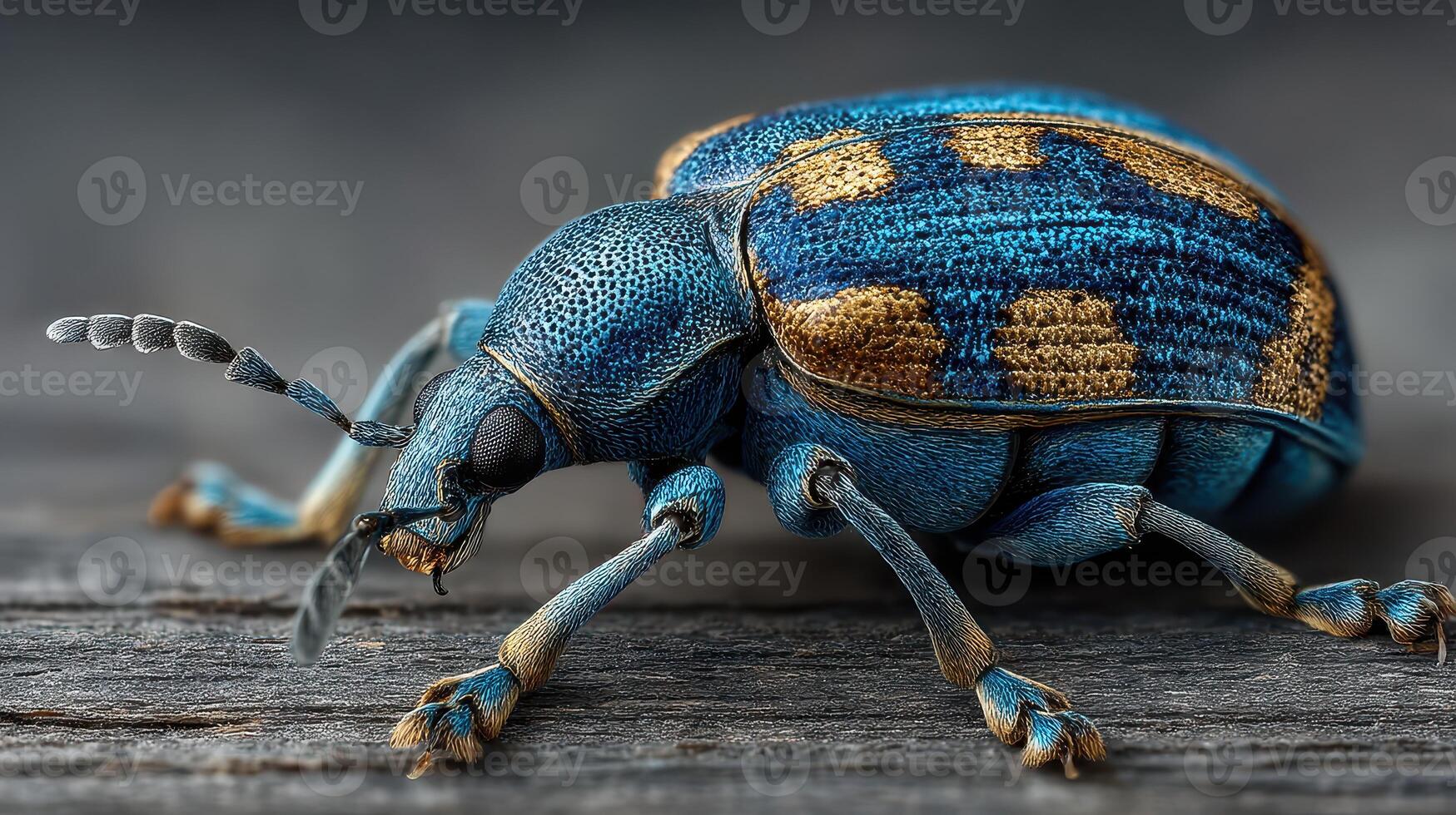 Close-up view of a vibrant blue beetle crawling on wooden surface in natural light photo