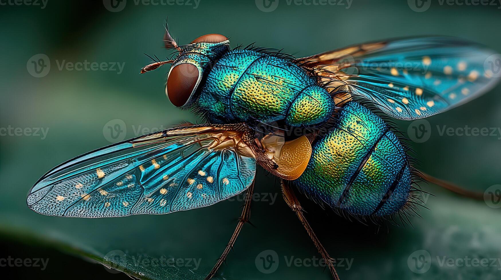 Vibrant blue fly perched on leaf highlighting nature's intricate details photo