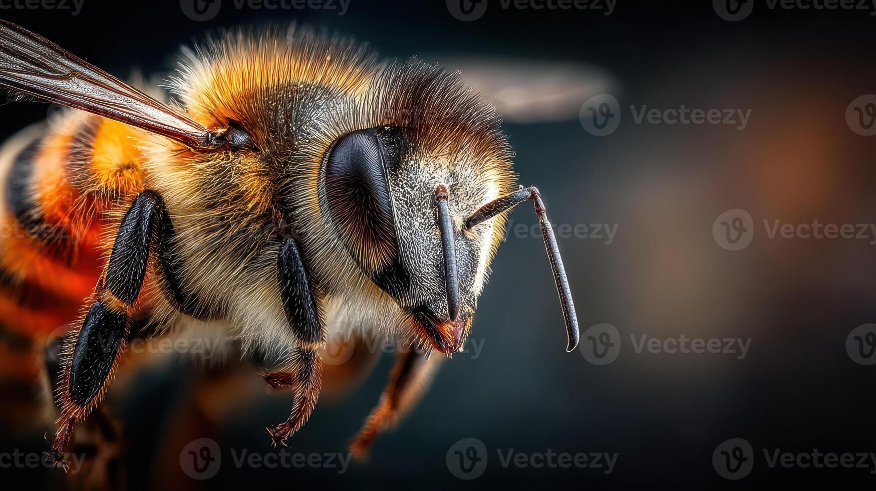 Close-up view of a honeybee showcasing its detailed features and natural colors in a garden during daytime photo