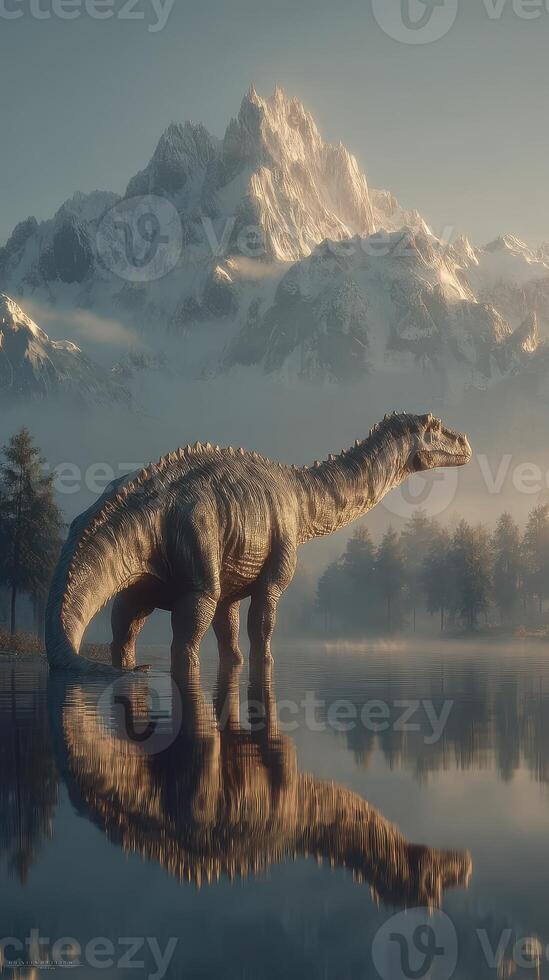 Large dinosaur standing in a serene lake surrounded by snow-capped mountains at dawn photo