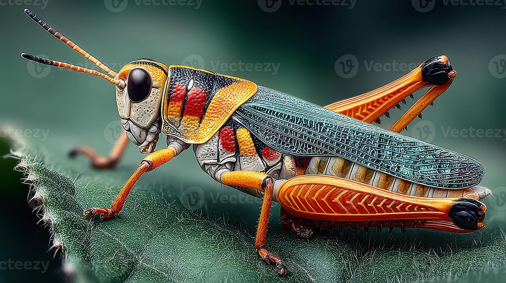 Close-up view of a colorful grasshopper resting on a green leaf in a natural habitat during the day photo