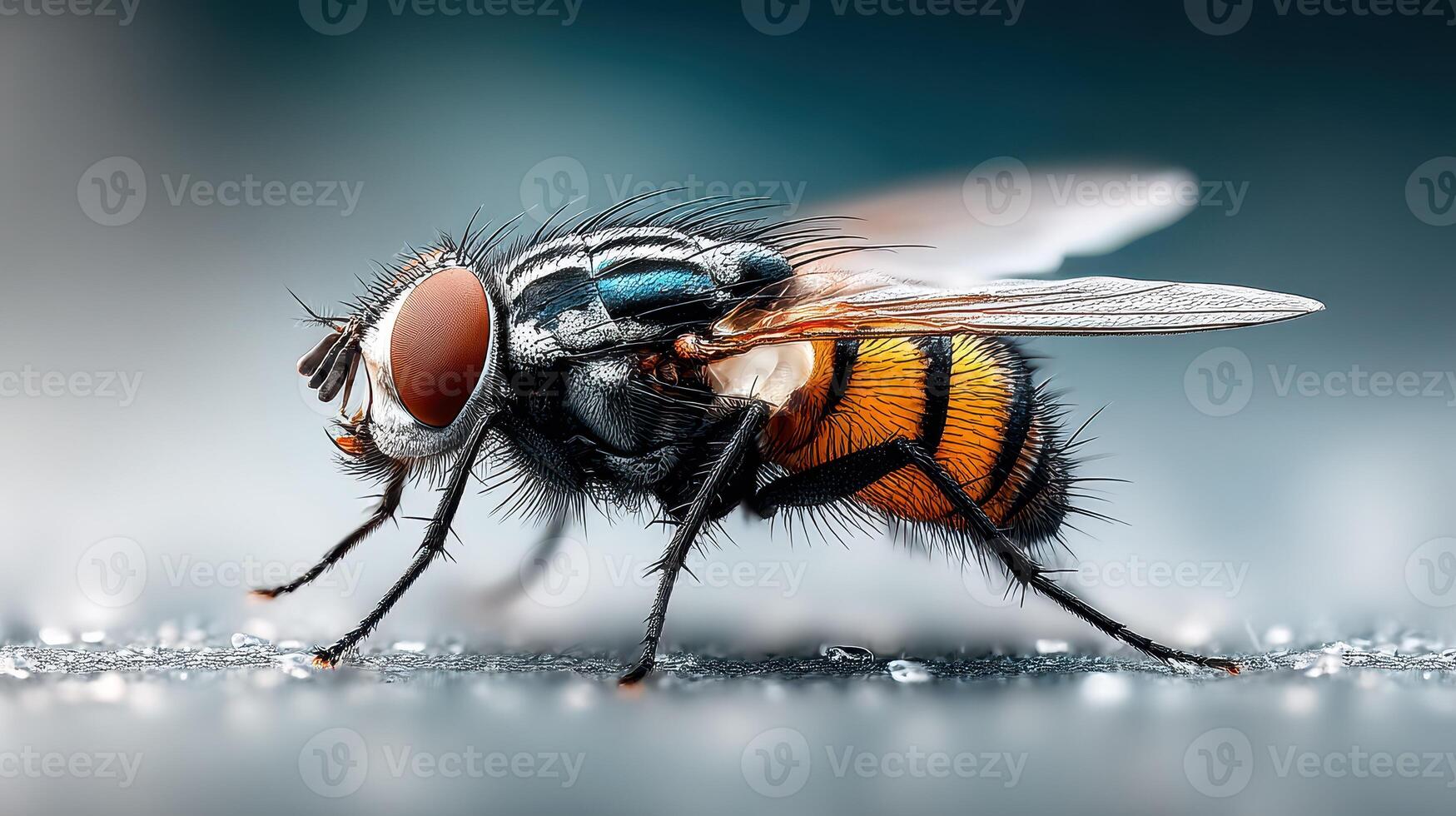 Close-up view of a colorful fly on a wet surface with prominent details of its body, wings, and eyes during early morning light photo