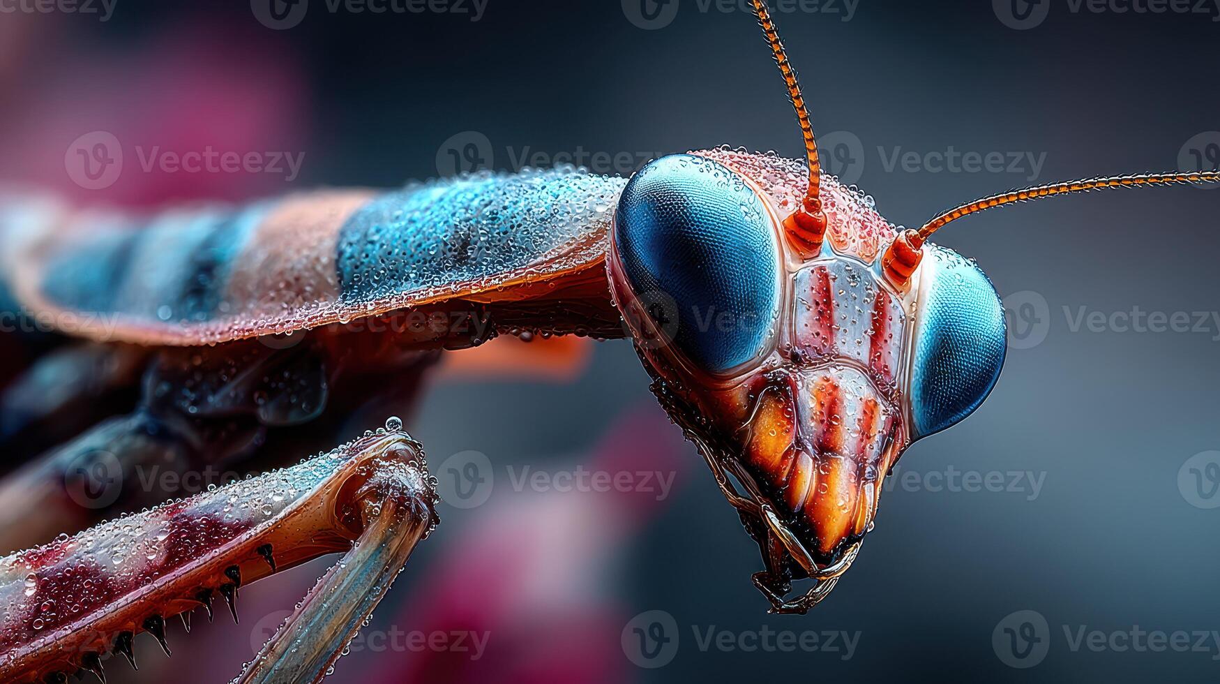 Close-up of a vibrant mantis with droplets on its body captured in natural surroundings during early morning light photo