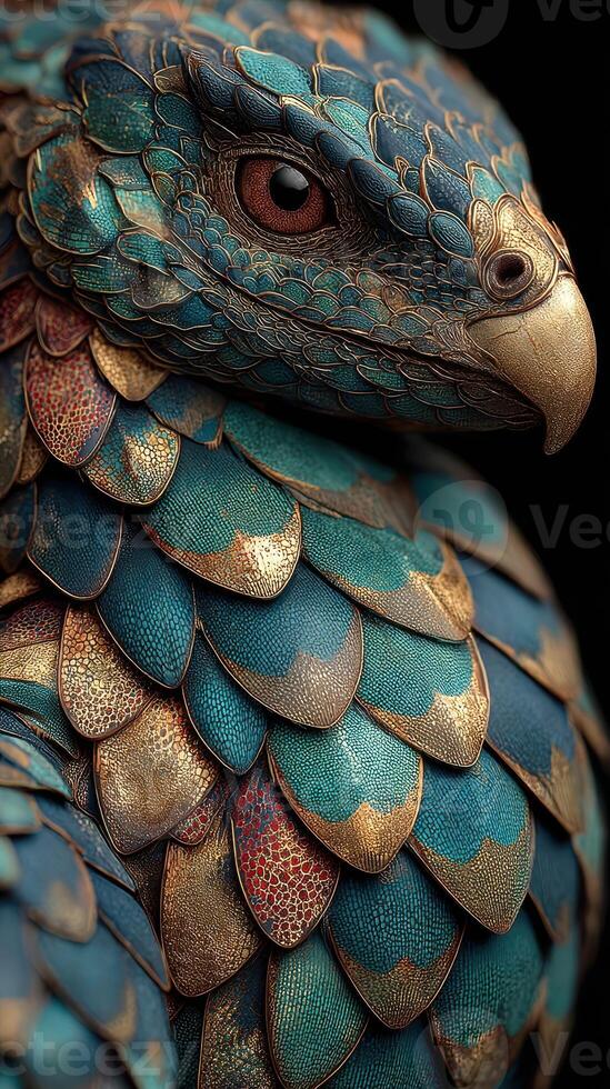 Intricate close-up of a mythical bird with teal and gold scales captured in a creative artistic setting photo
