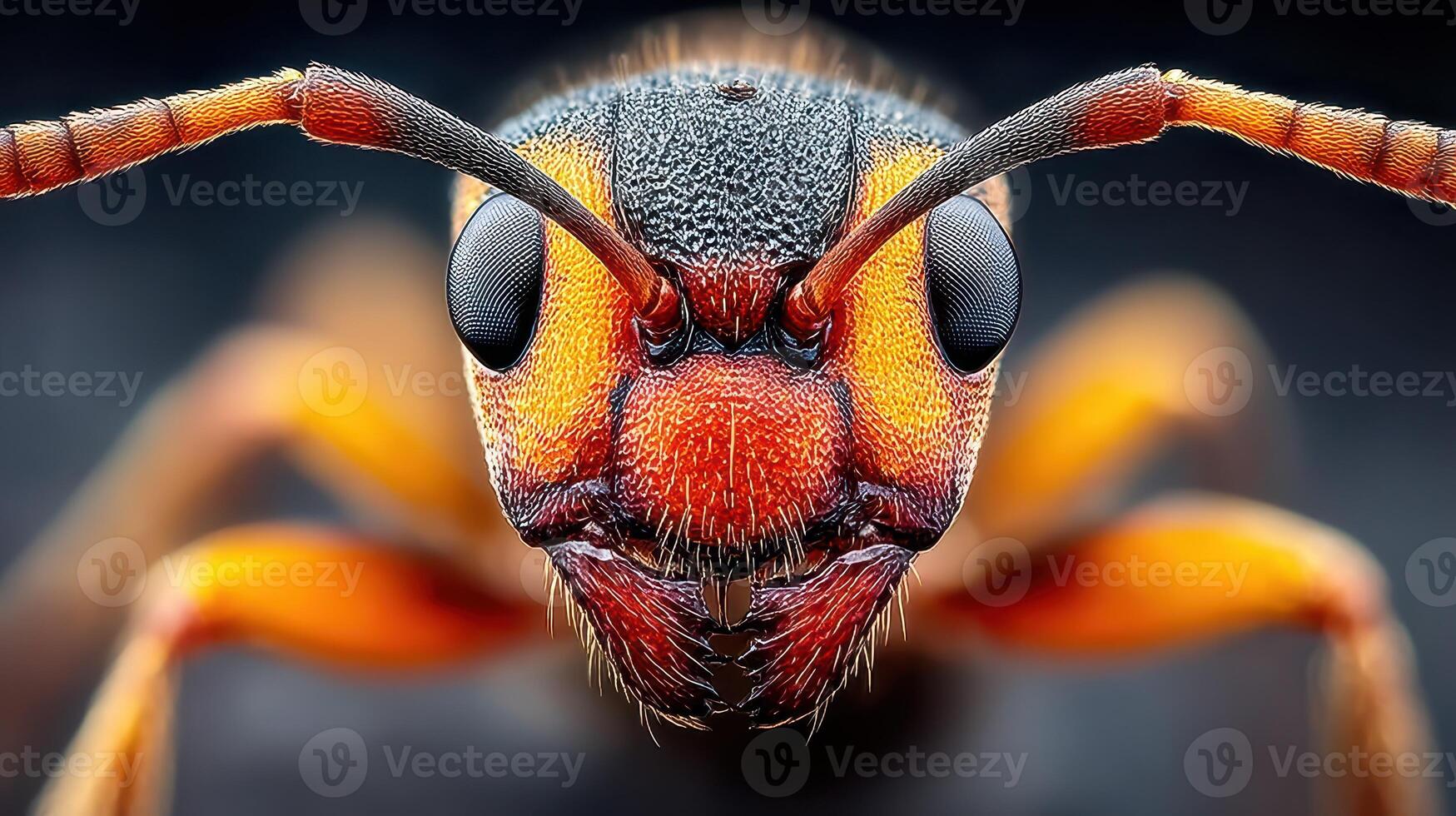 Close-up view of an ant showcasing intricate details of its face and antennae, highlighting its vibrant colors and textures photo