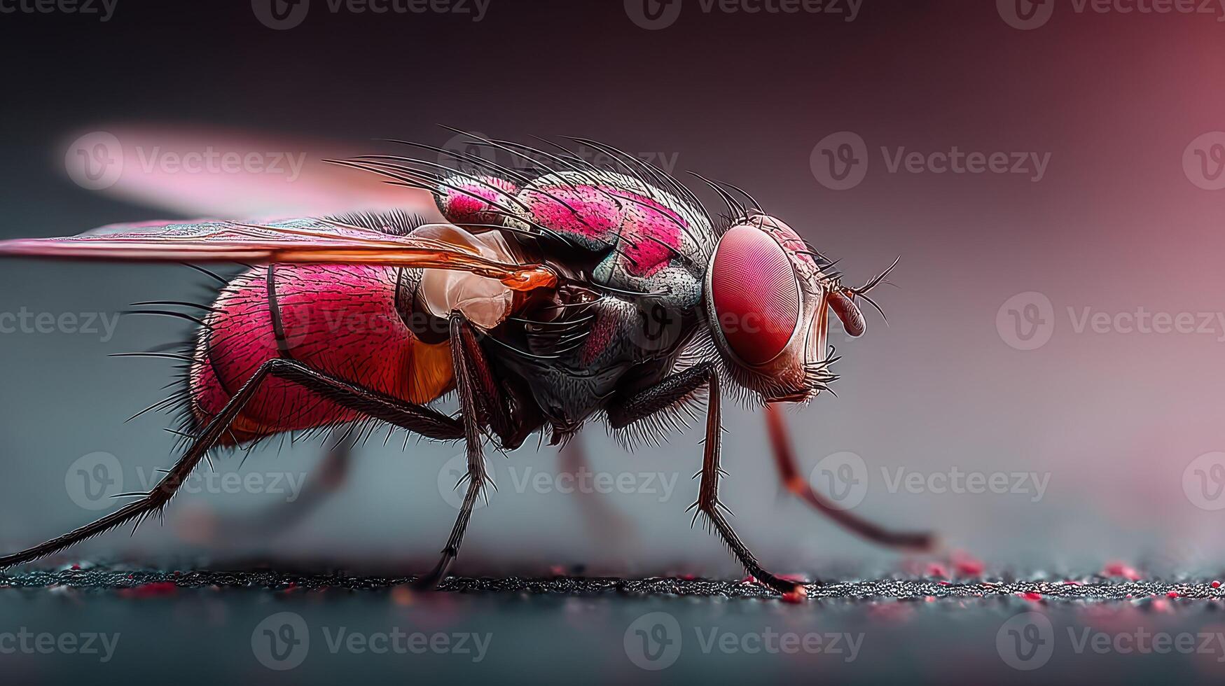 Close-up view of a vibrant fly resting on a textured surface during a colorful lighting setup photo