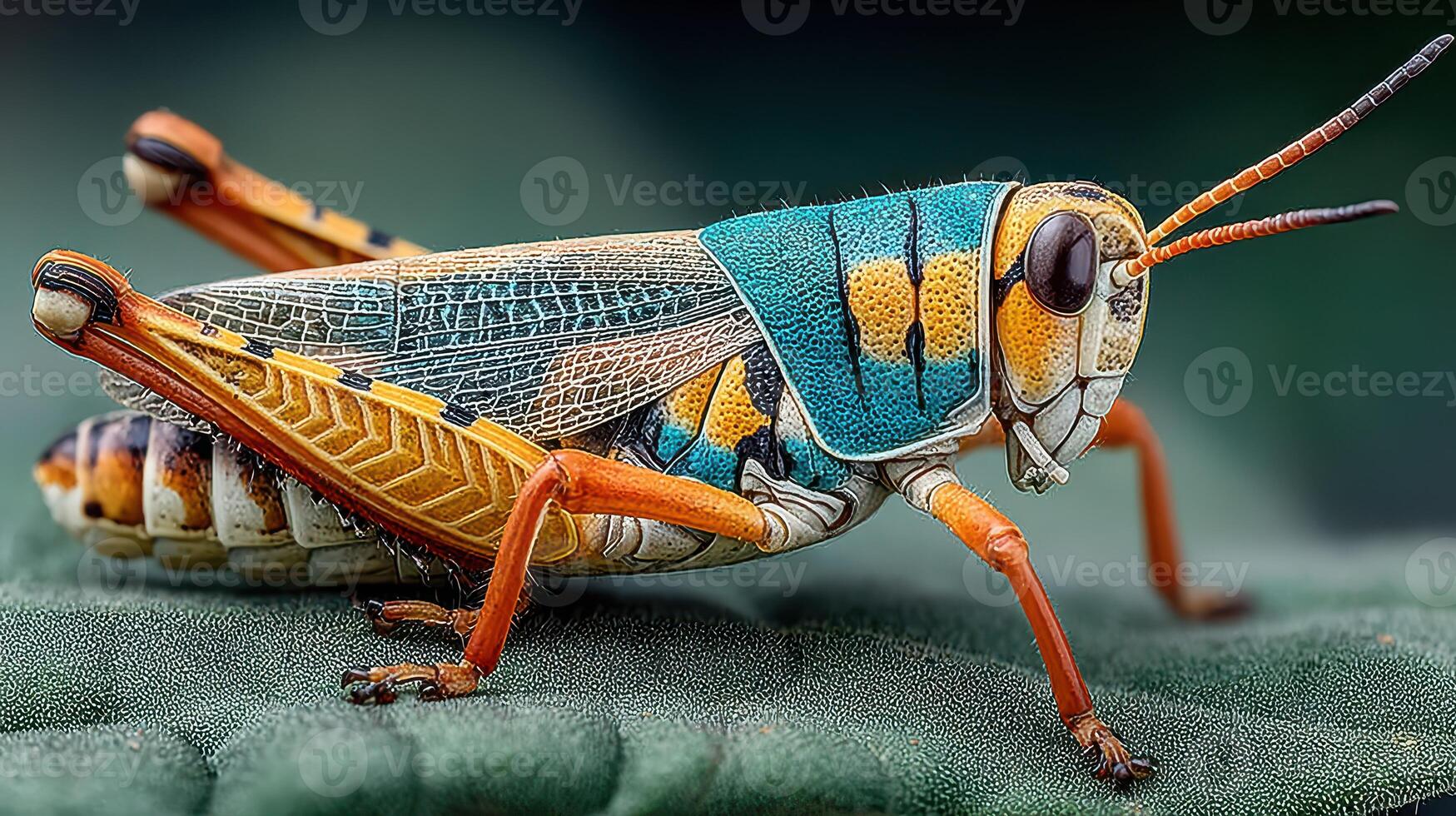 Colorful grasshopper resting on green foliage in natural habitat during bright daylight photo