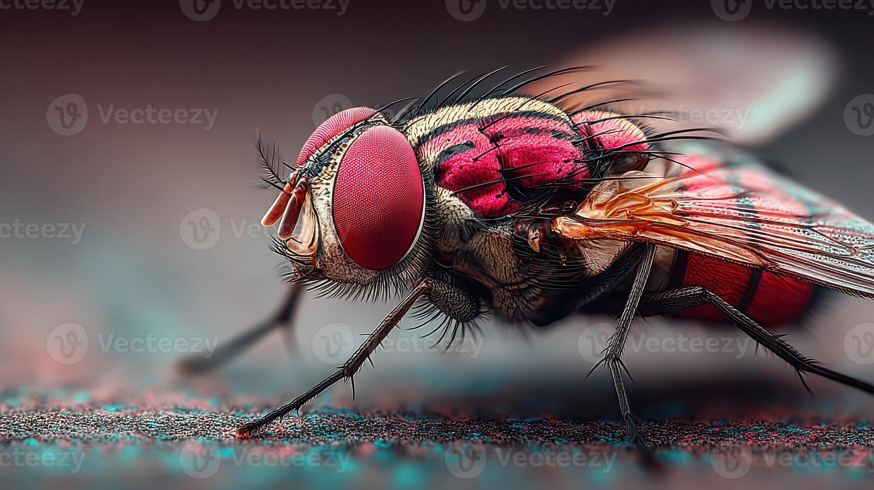 Close-up view of a bright red-eyed fly crawling on a textured surface in soft light ambiance photo