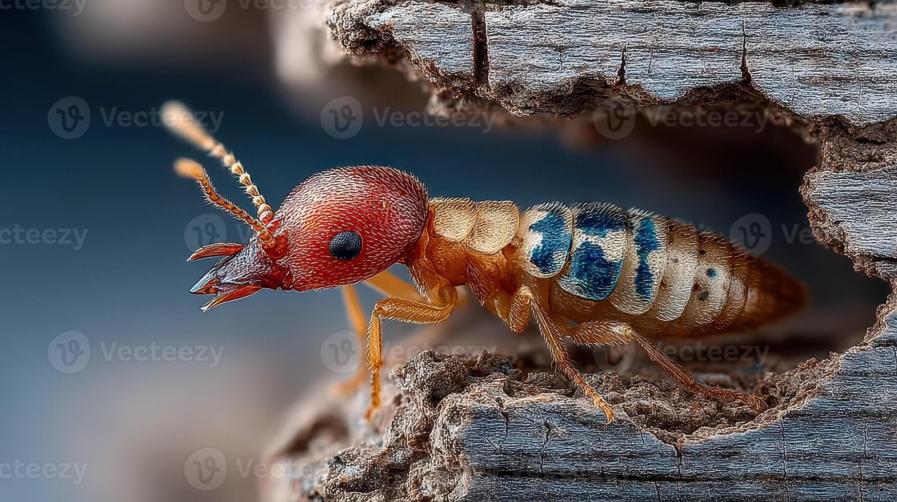 Close-up view of a wood-boring insect exploring a crevice in decaying wood during daylight hours photo