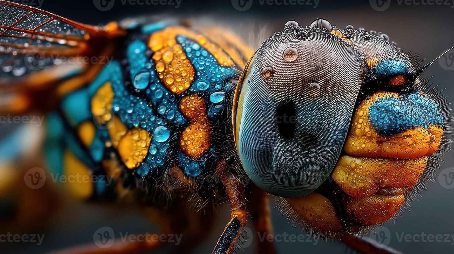 Colorful insect rests on a surface covered in dew at dawn showcasing intricate details and vibrant patterns photo