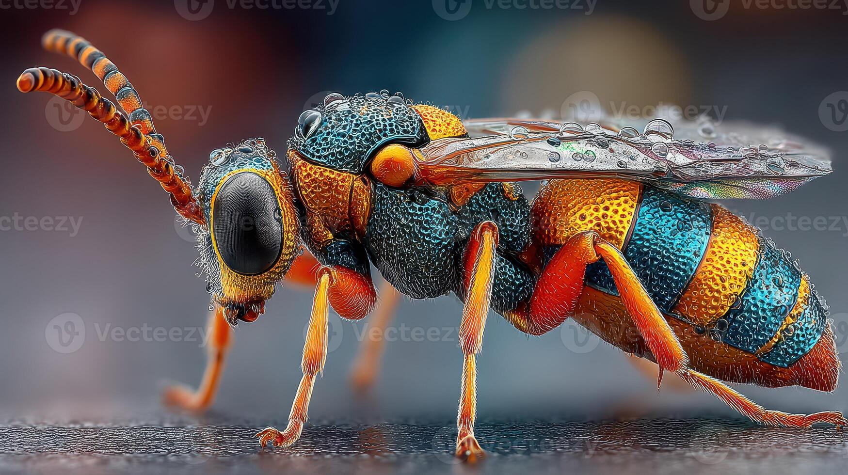 Close-up view of a colorful insect showcasing intricate details and vibrant colors in a natural setting after rain photo