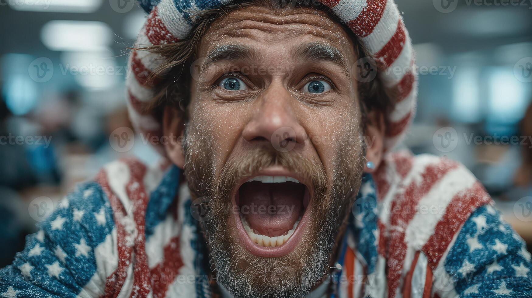 Enthusiastic man celebrating in patriotic attire at a lively event during the day in an indoor setting photo