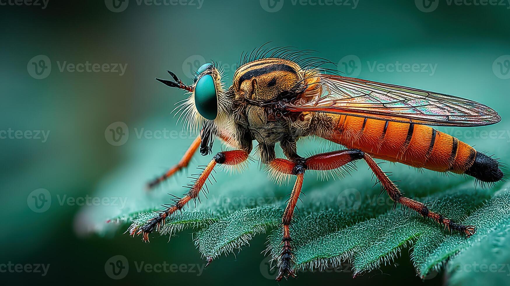Macro view of a vibrant insect perched on a green leaf during daylight hours photo