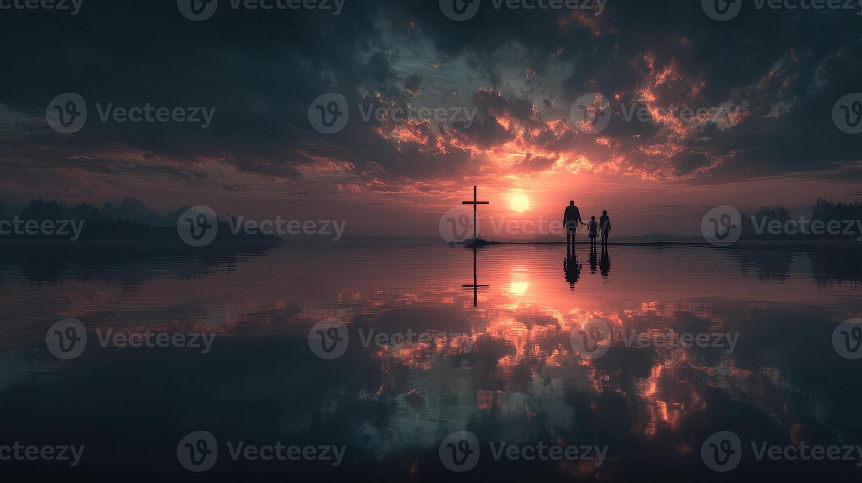 Couple walking at sunset near a cross by the water reflecting a vibrant sky photo