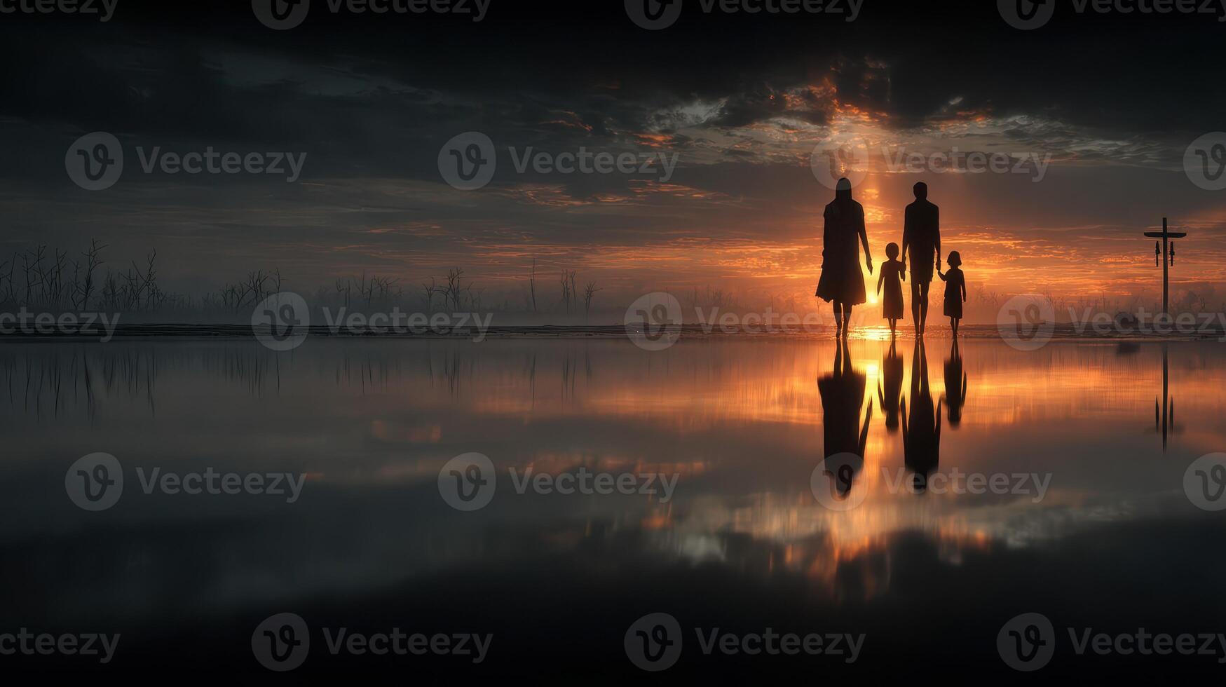 Family silhouettes walk along a reflective shoreline at sunset, creating a serene and emotional atmosphere photo