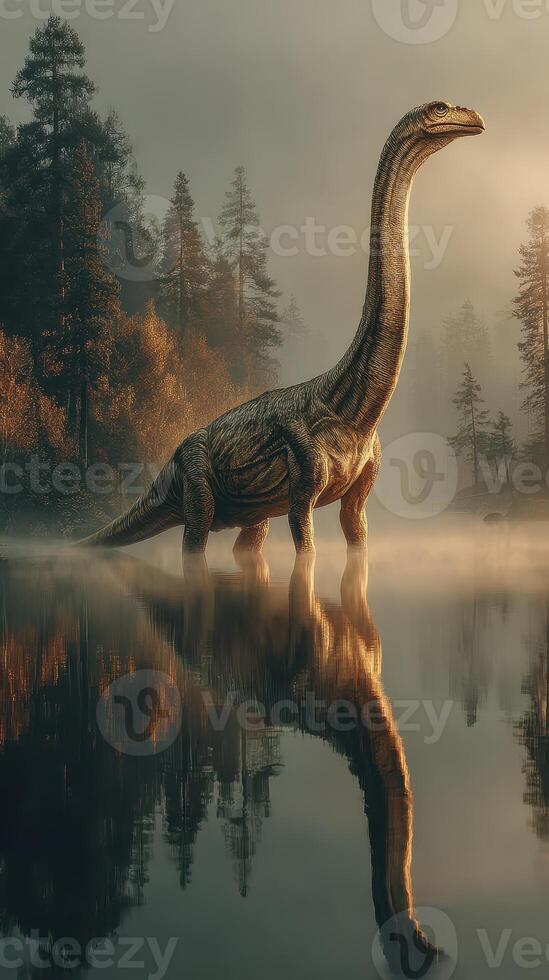 Diplodocus standing by a misty lake amidst ancient trees at dawn photo