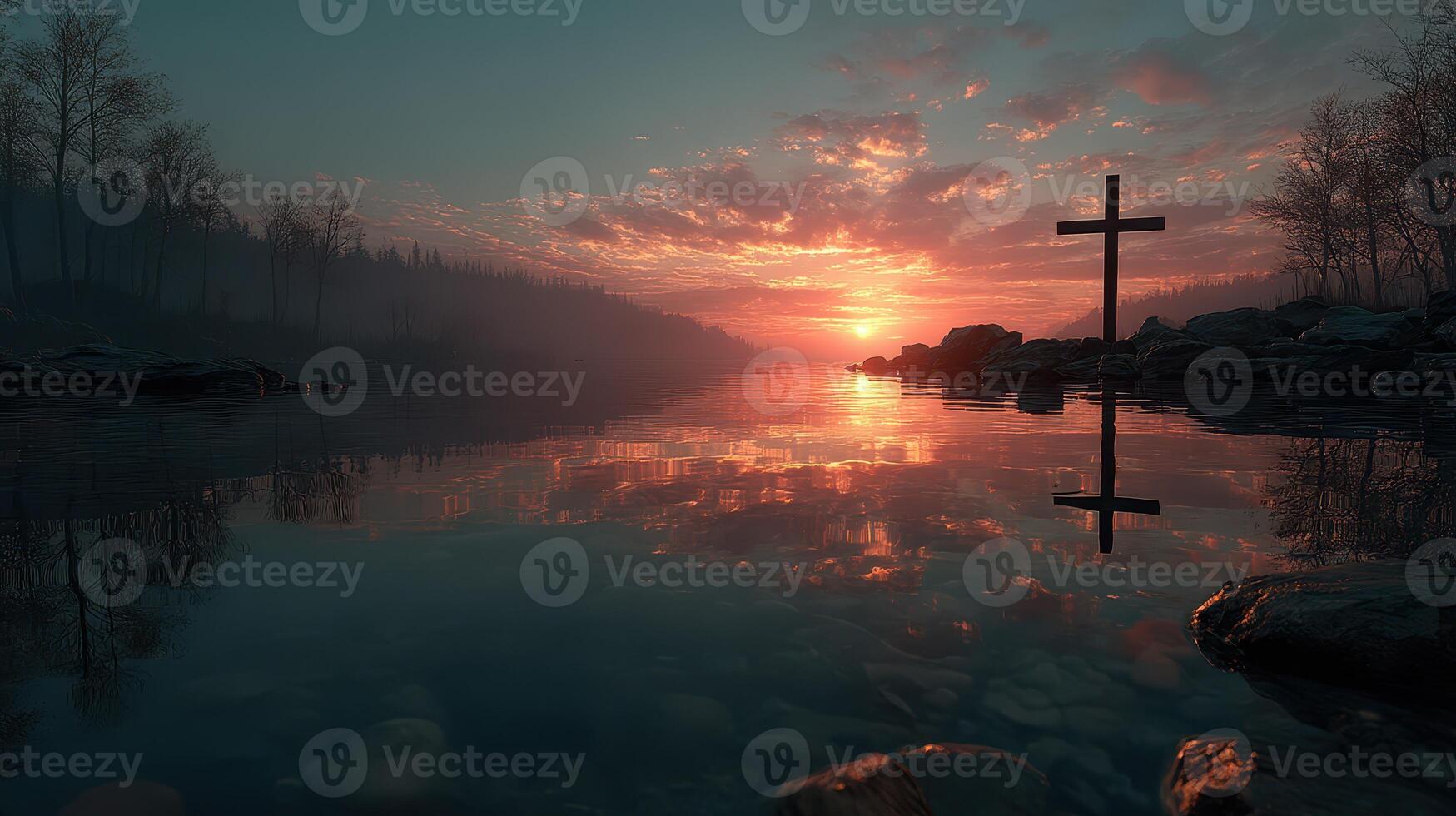 Sunset reflections on a lake with a cross by the shore in a serene forest landscape photo