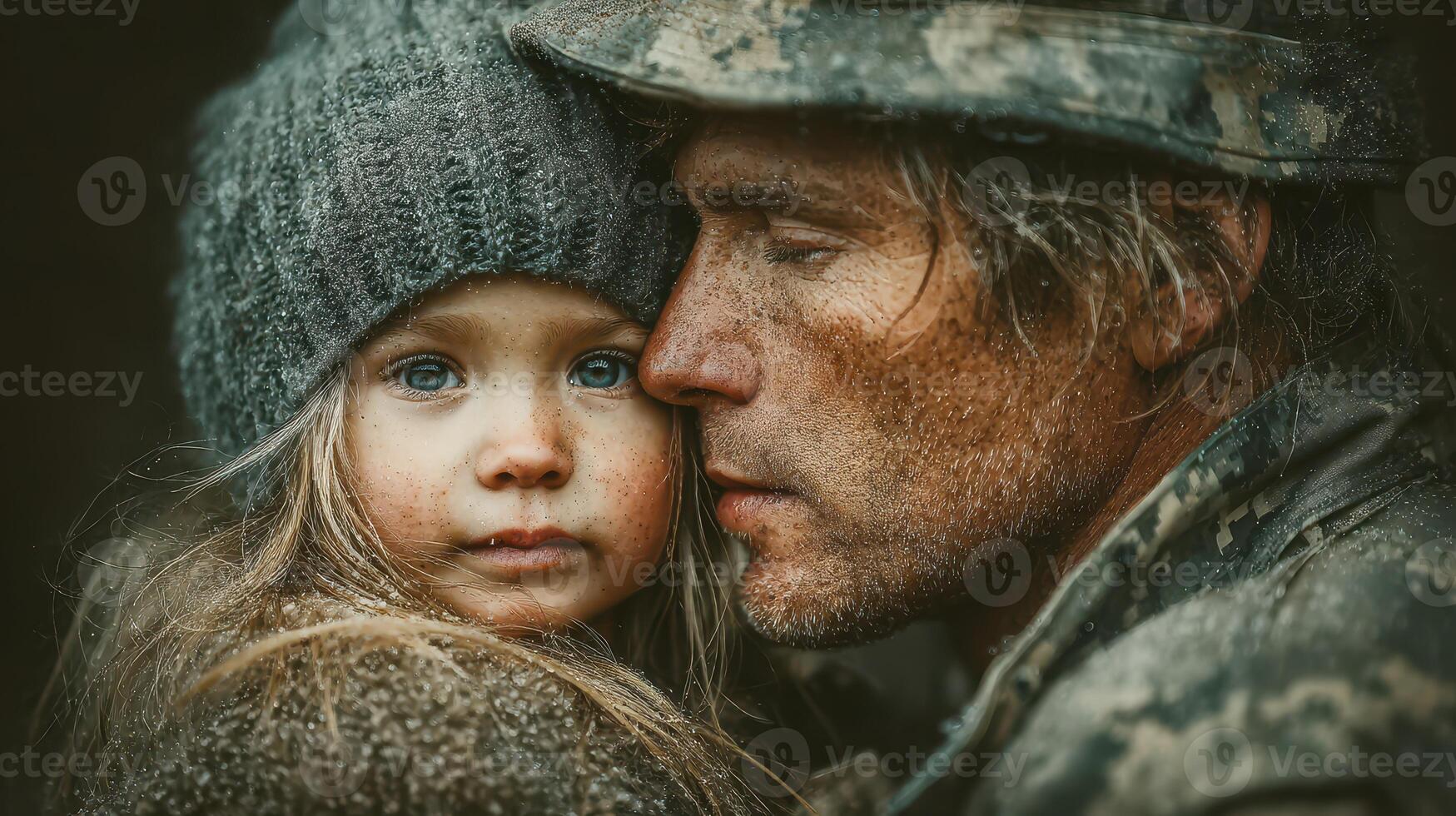 Emotional moment between a soldier and a child in a dusty environment during a chilly day photo