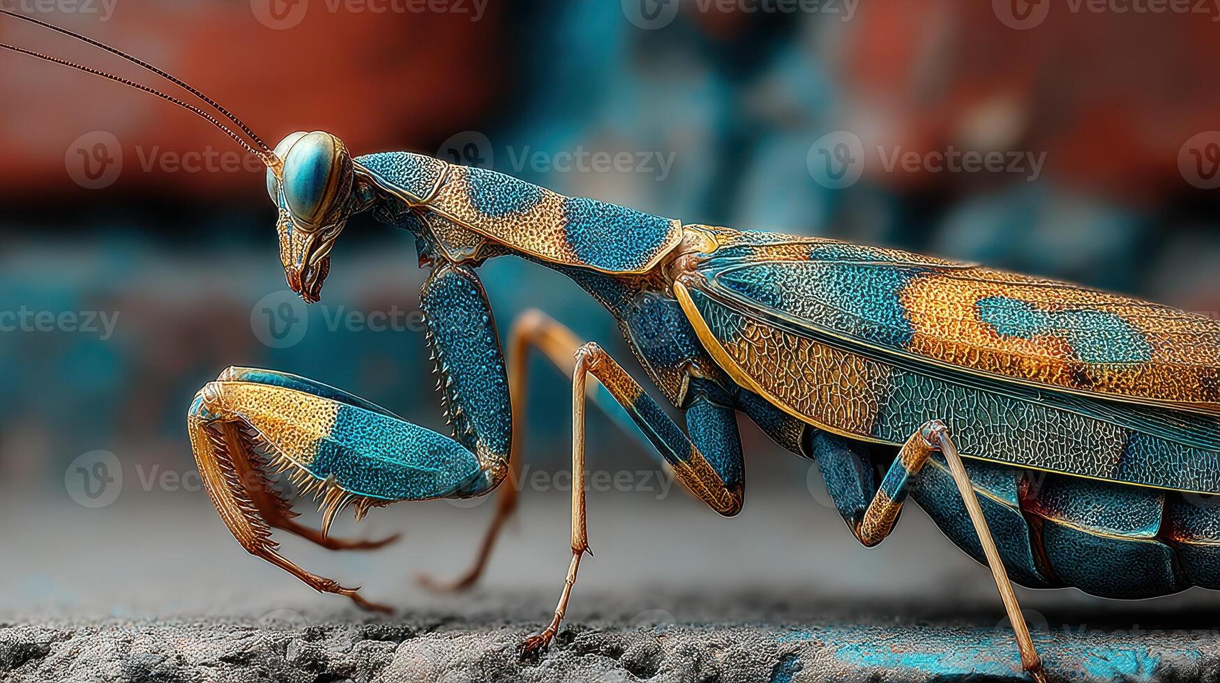 Colorful mantis explores its surroundings in an urban setting during daylight hours photo