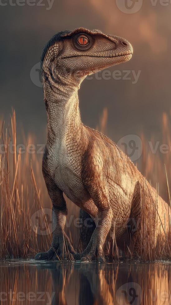 Dinosaur-like creature stands in wetland at sunset, showcasing impressive details and textures photo