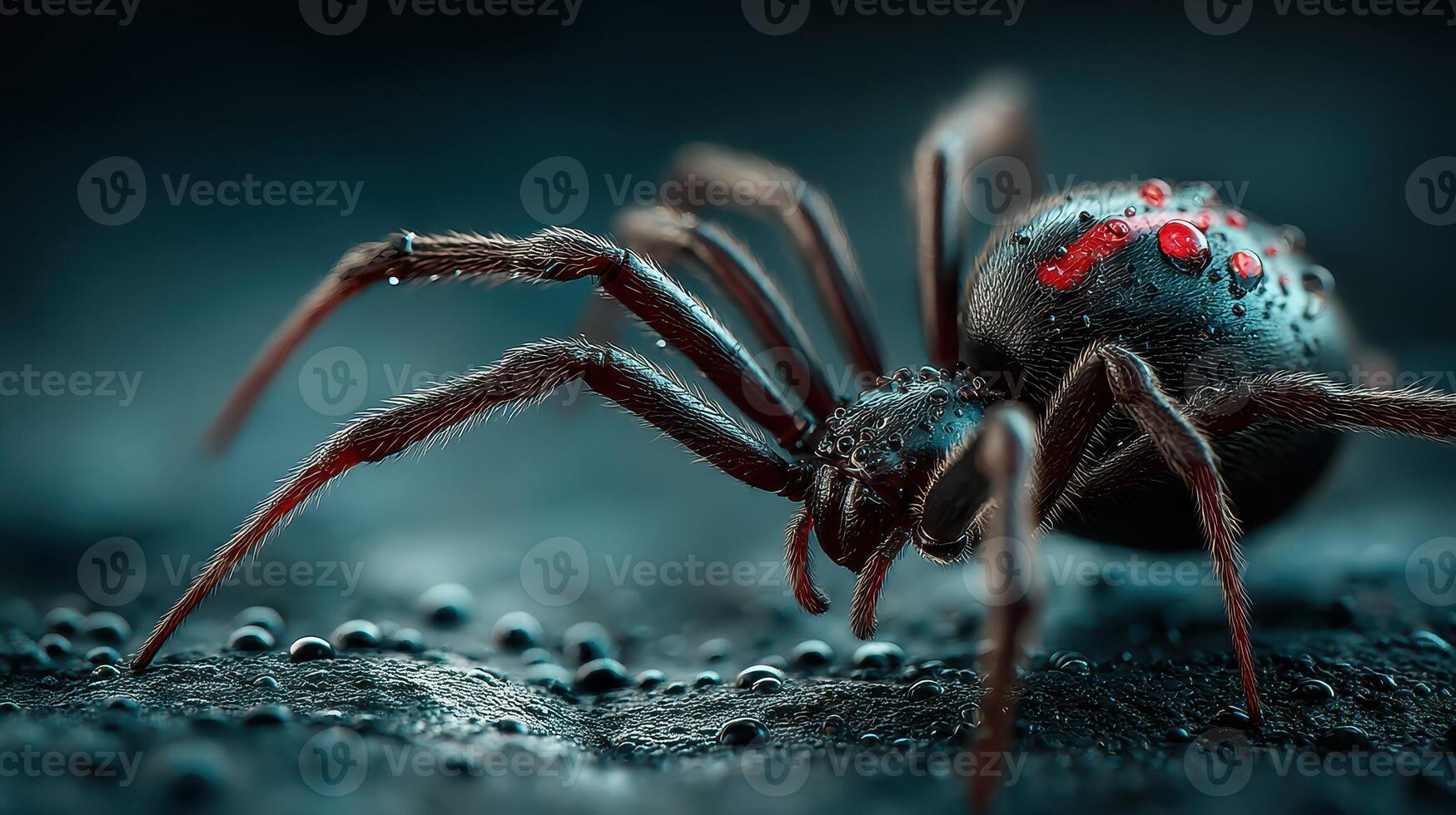Spider crawling on wet surface showcasing intricate details and textures in low light conditions photo