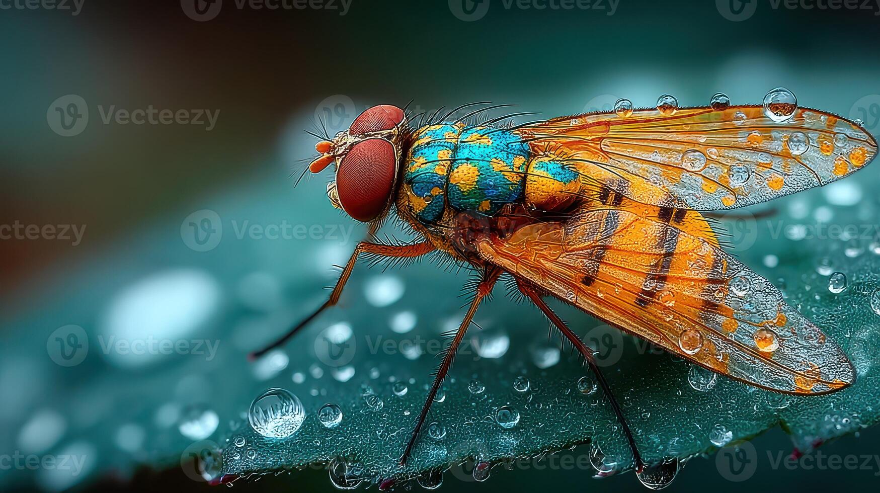 Vibrant fruit fly perched on a dewy leaf in a lush garden setting during the early morning hours photo