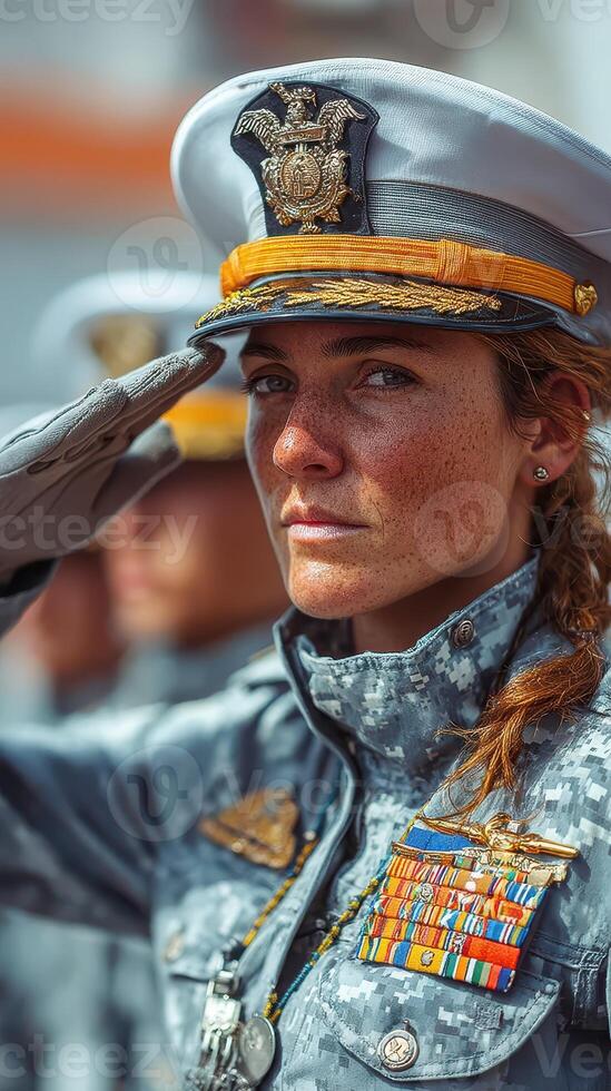 Saluting officer in military uniform at outdoor ceremony during daylight in a vibrant setting photo