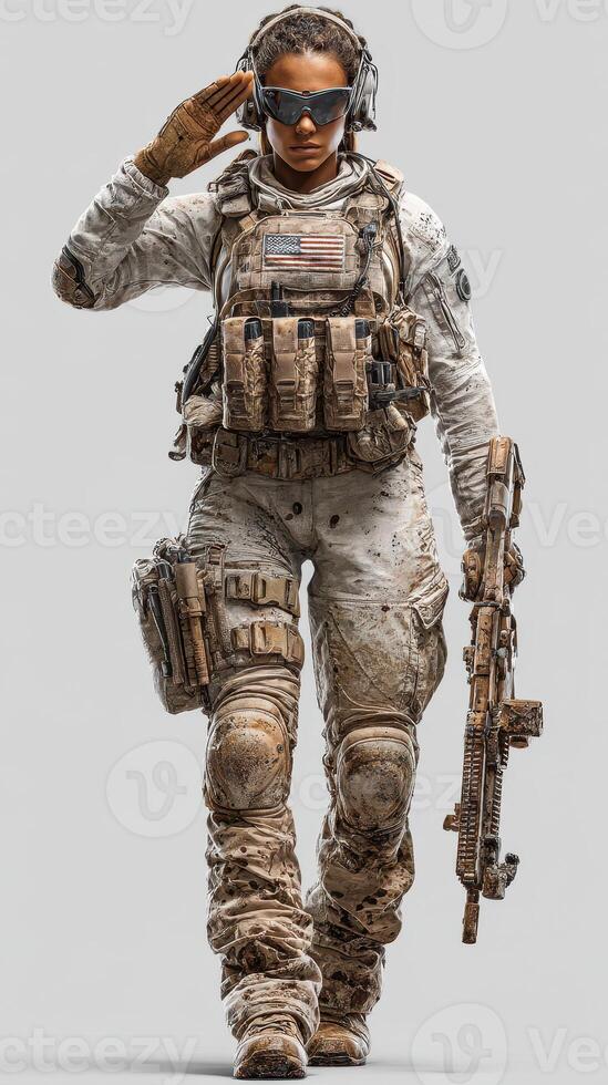 Soldier saluting with rifle in tactical gear, showcasing a confident pose during military training photo