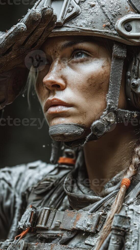 Soldier saluting with determination in a rugged environment during a challenging mission photo