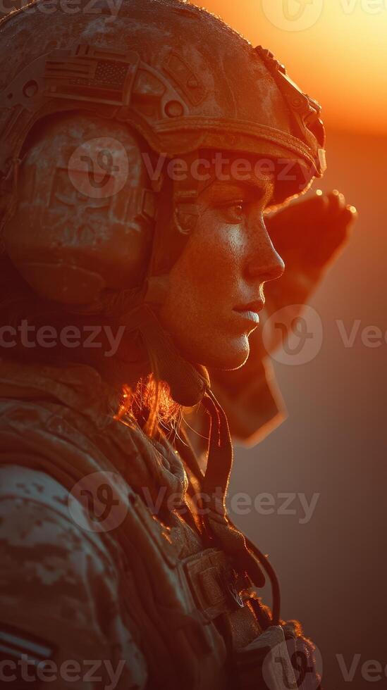Military soldier saluting during sunset in a desert environment with warm orange tones in the background photo
