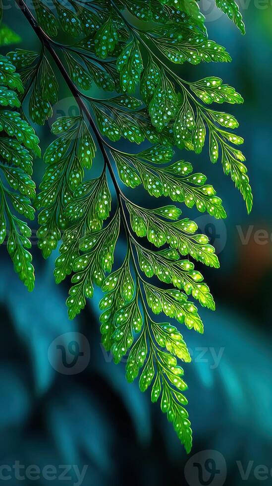 Intricate green fern leaves glistening with dew in a lush, tranquil forest setting during early morning light photo